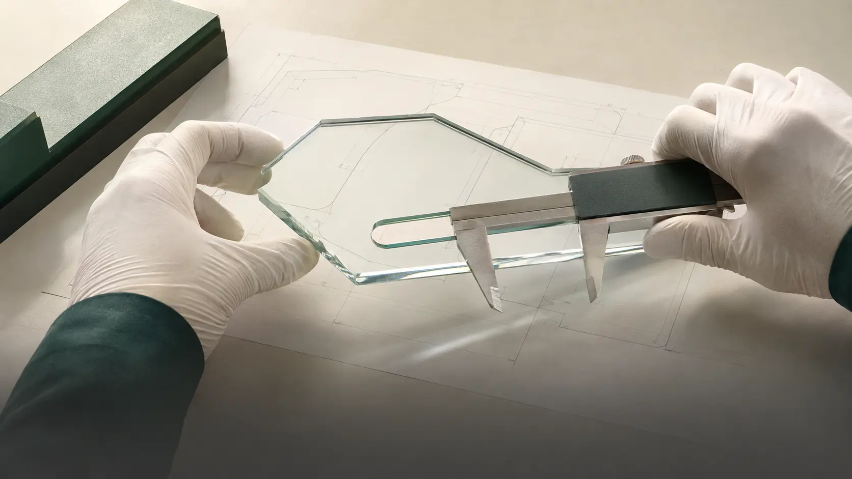Kontrola prototypu szklanego za pomocą suwmiarki na rysunku technicznym