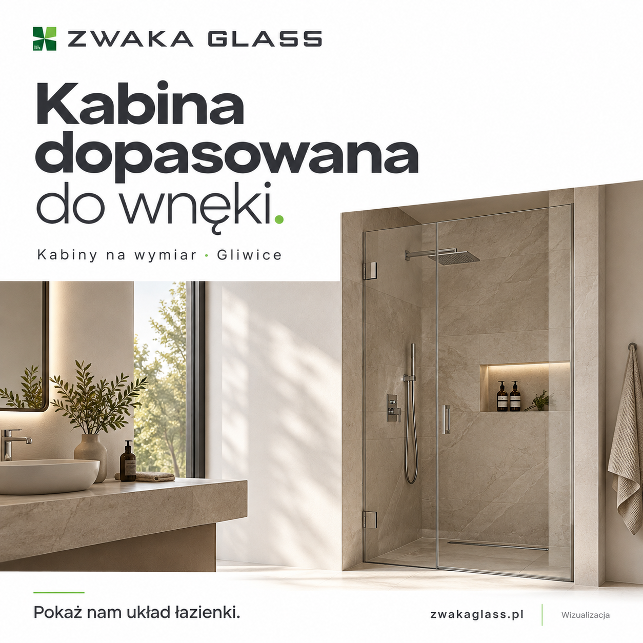 Wizualizacja kabiny szklanej dopasowanej do wnęki w jasnej łazience.