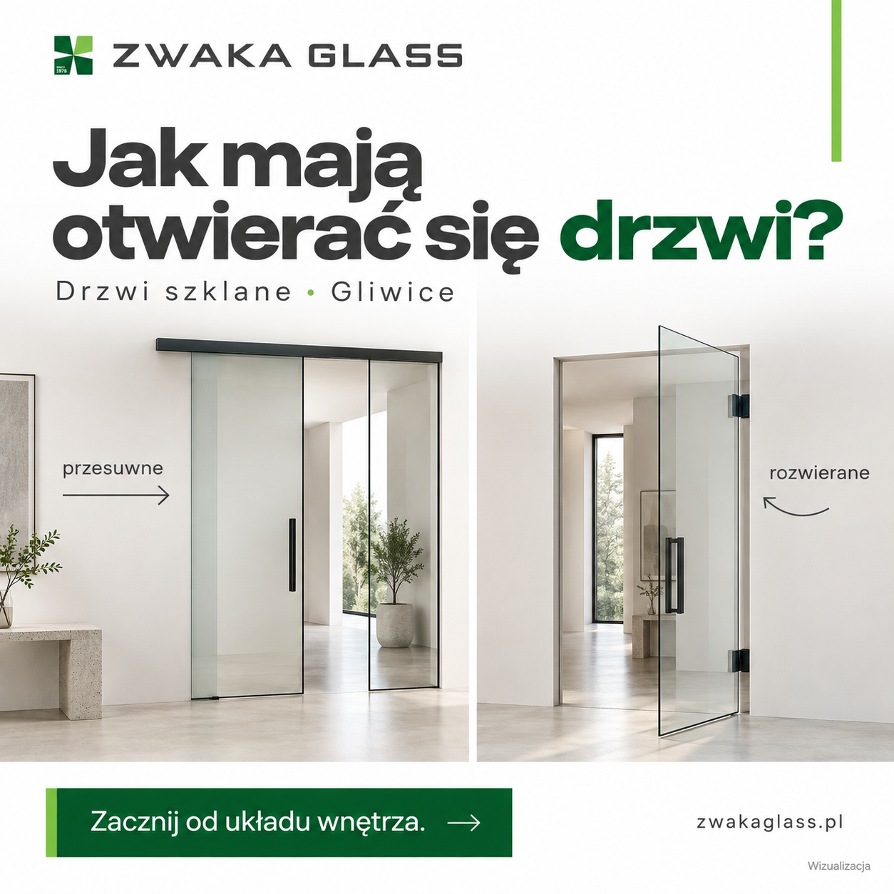 Wizualizacje drzwi szklanych przesuwnych i rozwieranych ze strzałkami kierunku otwierania.