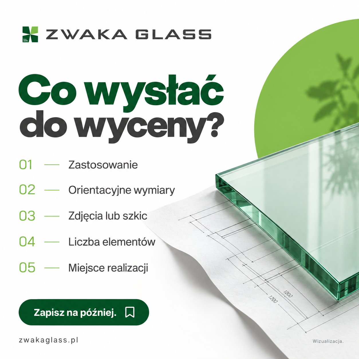 Grafika z listą informacji do wyceny: zastosowanie, wymiary, zdjęcia lub szkic, liczba elementów i miejsce realizacji.