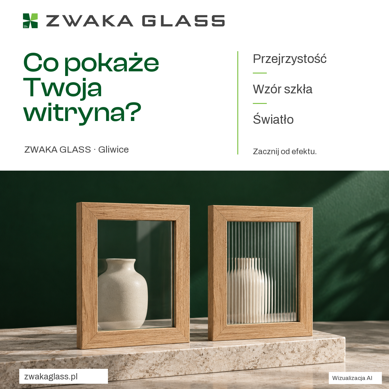 Grafika ZWAKA GLASS: Co pokaże Twoja witryna? Wizualizacja frontów z przejrzystym i ryflowanym szkłem.